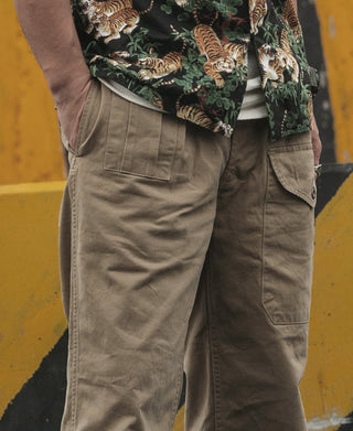 Khaki cargo-style trousers with rear yoke and pocket stitching, worn on model