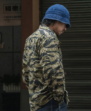 Tiger stripe camo fatigue jacket side view, button-front and patchwork pattern
