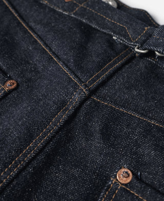 Indigo selvedge denim jeans—cross seam stitching with copper buttons and metal hardware