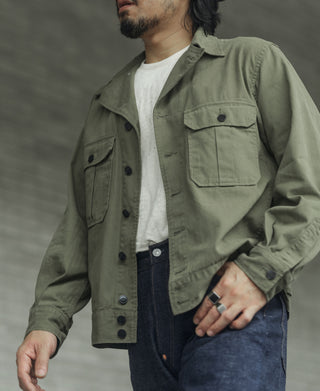 Olive fatigue jacket with flap chest pockets and button front