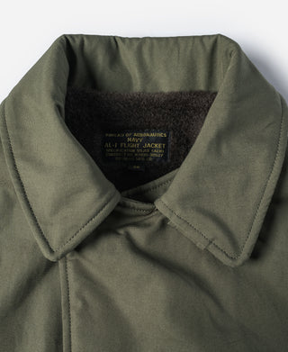 Olive AL-1 flight jacket interior collar with dark fleece lining