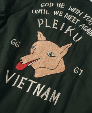 Dark green jacket back embroidery with cartoon dog, text "VIETNAM" and numbers