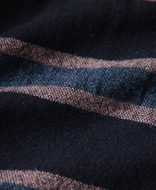 Indigo denim jacket fabric with taupe blanket-style plaid lining trim
