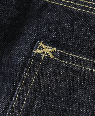 Indigo selvedge denim jeans close-up of bar-tack stitching and seam lines