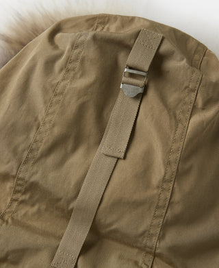 Khaki parka hood with adjustable webbing strap and buckle