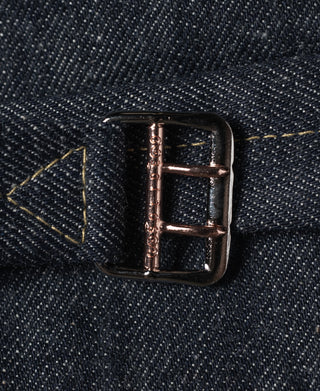 Indigo selvedge denim jacket, antique rose-tone belt buckle detail
