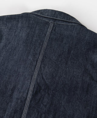 Indigo denim jacket back yoke seam with reinforced stitching