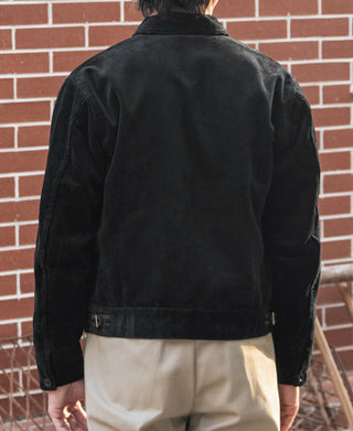 Black corduroy Cossack jacket back view with stand collar and hem band