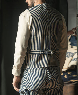 Men's pinstripe vest back view with vented hem and waist belt