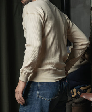 Apricot ribbed henley long-sleeve shirt, back three-quarter view