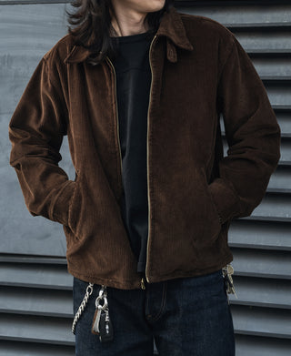 Brown corduroy zip-up jacket with stand collar and two front pockets