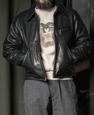 Black leather jacket with wide collar and front zip pocket