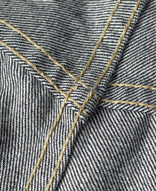 Indigo selvedge denim jeans, front seam lines with yellow stitching and placket