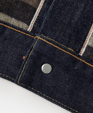 Indigo denim jacket cuff with round metal button and tan topstitching