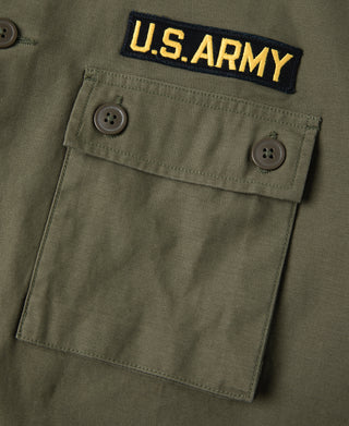 Olive vintage U.S. Army counselor shirt chest pocket with flap and U.S. ARMY label