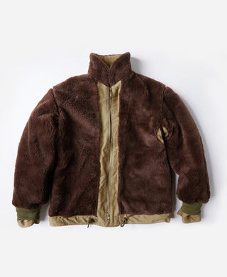 Brown shearling-lined deck jacket with zip front and khaki cuffs