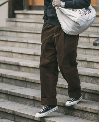 Brown corduroy trousers, straight leg with cuffed hem and classic pocketing