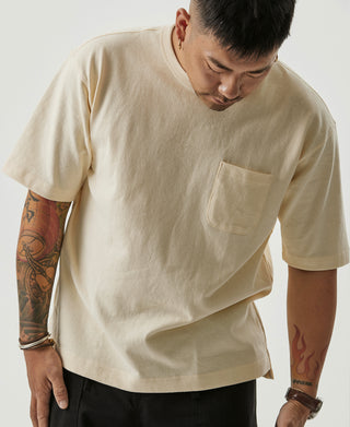 Apricot cotton pocket t-shirt, crewneck, short sleeves, chest pocket close-up