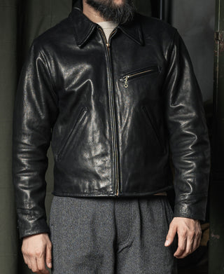 Black leather jacket front view with zip and chest pocket