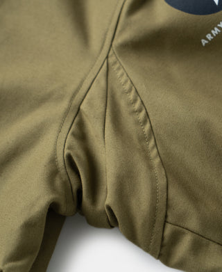 Khaki flight jacket sleeve with interior seam and hanging pocket opening