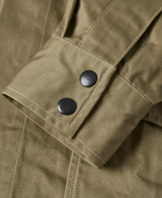 Khaki green jacket sleeve with two snap buttons and stitched cuff tabs