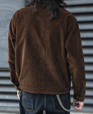 Brown corduroy zip-up jacket back view with ribbed 9-wale texture