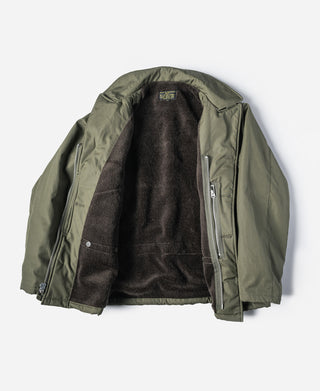 Olive AL-1 flight jacket opened to show dark fleece lining