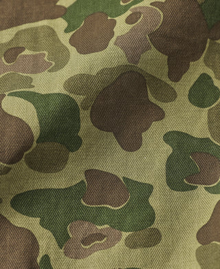Camouflage duck hunter camo jacket, green-brown woodland pattern fabric close-up