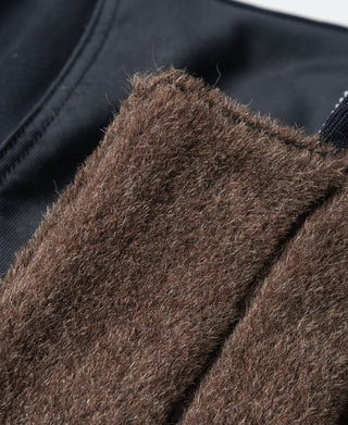 Navy deck jacket interior brown wool-like lining panel close-up