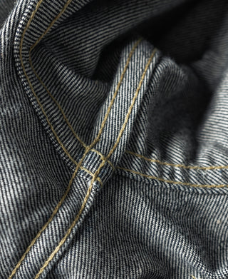 Indigo denim jacket interior seam and layered stitch lines