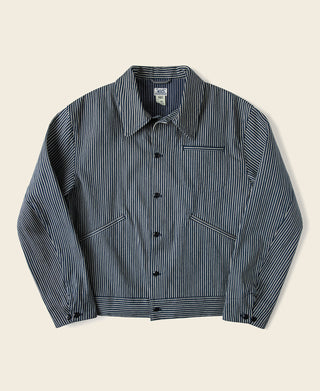 Striped cossack jacket with snap front, point collar, and chest patch pocket