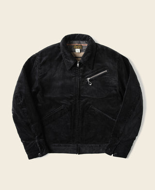 Black heavyweight corduroy cossack jacket with front zip and chest pocket