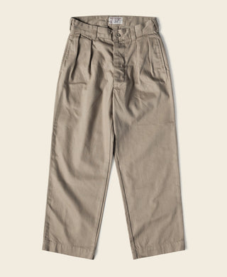 Khaki chino pants with pleated front and relaxed tapered legs