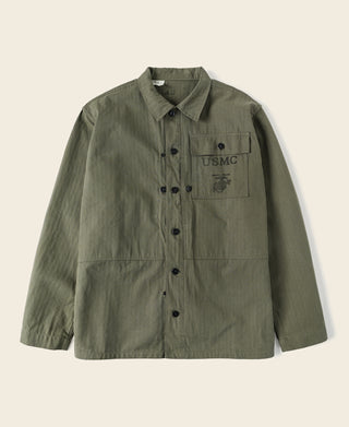 Olive USMC HBT utility jacket with button front and flap chest pockets