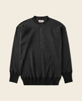 Black ribbed long-sleeve henley t-shirt with button placket and crew neck
