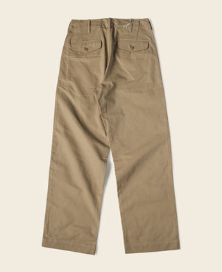 Khaki military officer trousers with button fly, belt loops, and flap front pockets