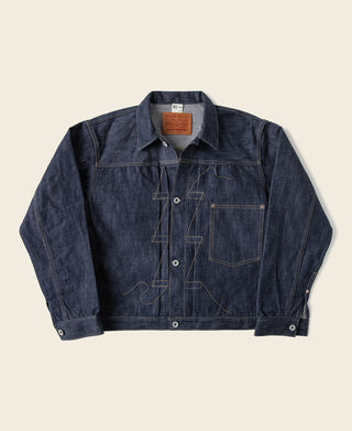 Indigo denim jacket, button-front with flap chest pockets and brown neck label