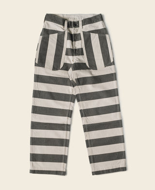 Wide striped prisoner pants in white and black with elastic waistband and drawcord.