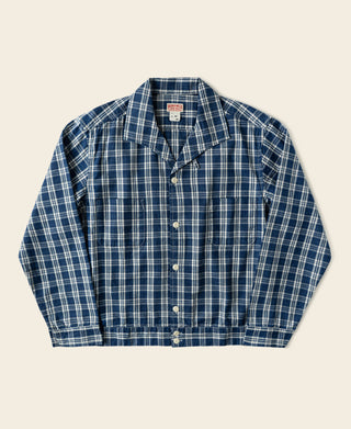 Blue plaid camp-collar shirt jacket with button front and chest patch pockets