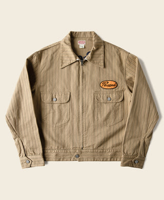 Khaki striped mechanic chore coat with snap pockets and zipper front