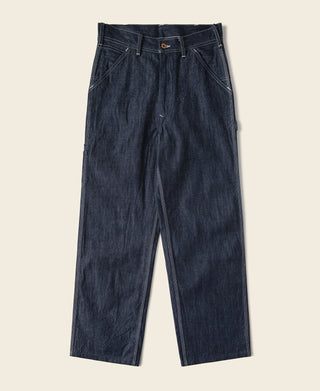 Indigo denim painter pants with button-and-zip fly and belt loops