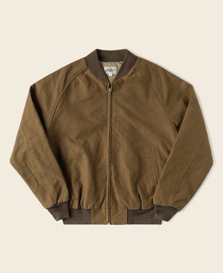 Brown raglan-sleeve bomber jacket with front zip and ribbed collar, cuffs, and hem.