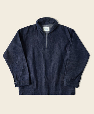 Indigo dungaree pullover jumper with zip-front and ribbed collar, long sleeves