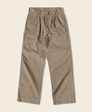 Khaki canvas bermuda shorts with button fly and belt loops