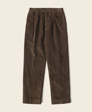 Brown 8-wale corduroy trousers, relaxed straight-leg fit with elastic waist