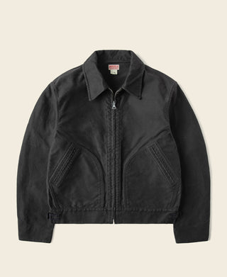 Black moleskin Cossack jacket with stand collar, front zipper, and two flap pockets