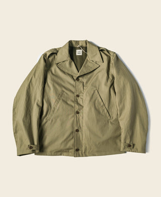 Olive green field jacket with button front, pointed collar, and chest pocket