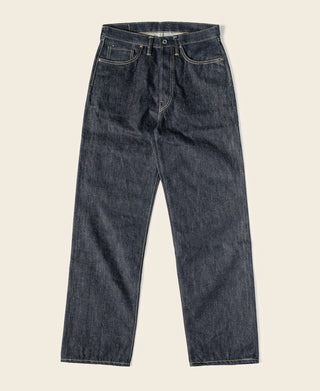 Indigo selvedge denim jeans, dark wash, straight legs, button fly, front view