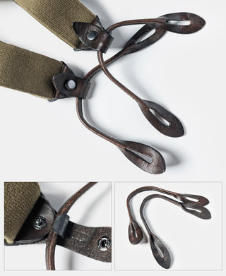 Olive X-back suspenders with brown leather tabs and metal clips
