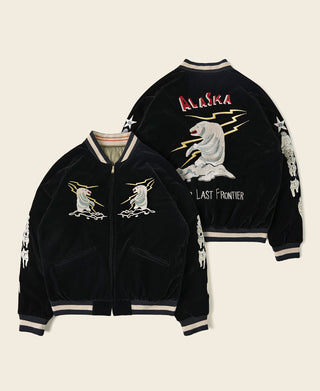 Reversible souvenir jacket in black with Alaska eagle graphic, ribbed trim, zip front.